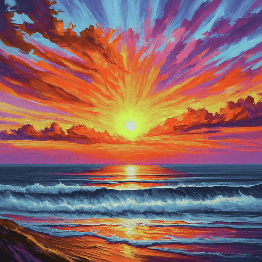 Sunset beach painting with red clouds and waves 