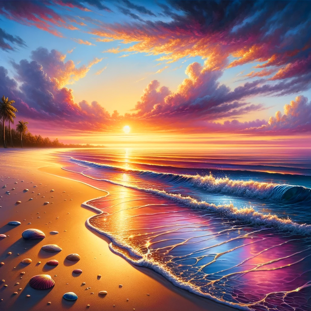 sunset Beach paintings - A red view with some mixture of colors of beach with beautiful stone on seaside. it looks nice