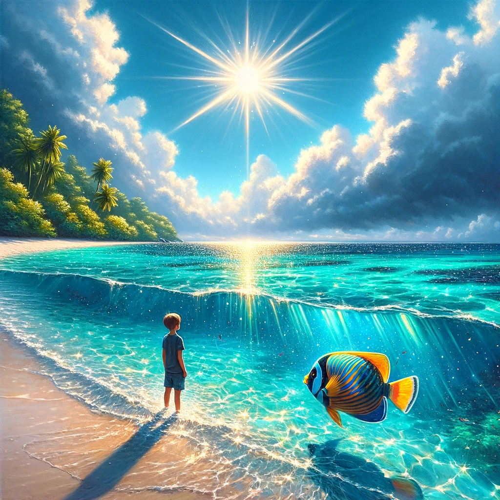 beach paintings - a boy seeing a colorful fish inside water. 