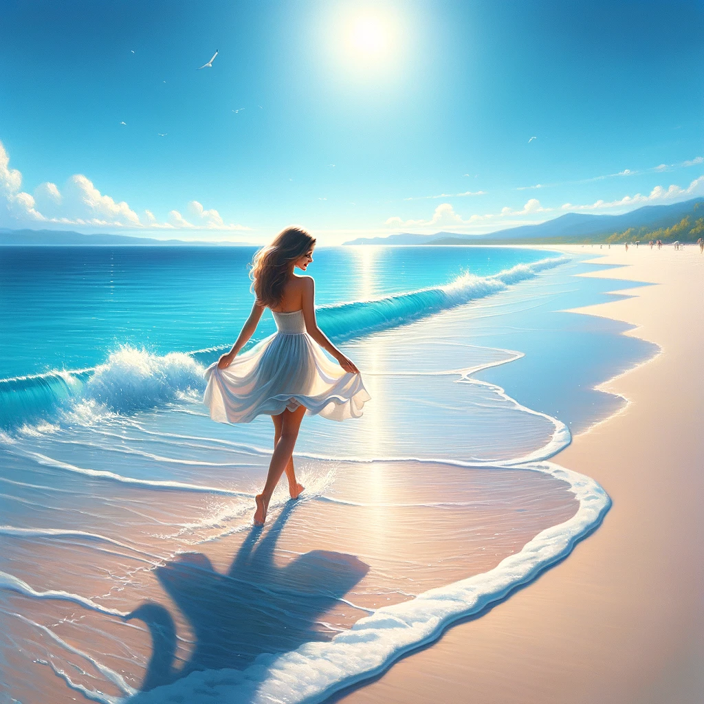 A girl enjoy on a seaside. Beach paintings 