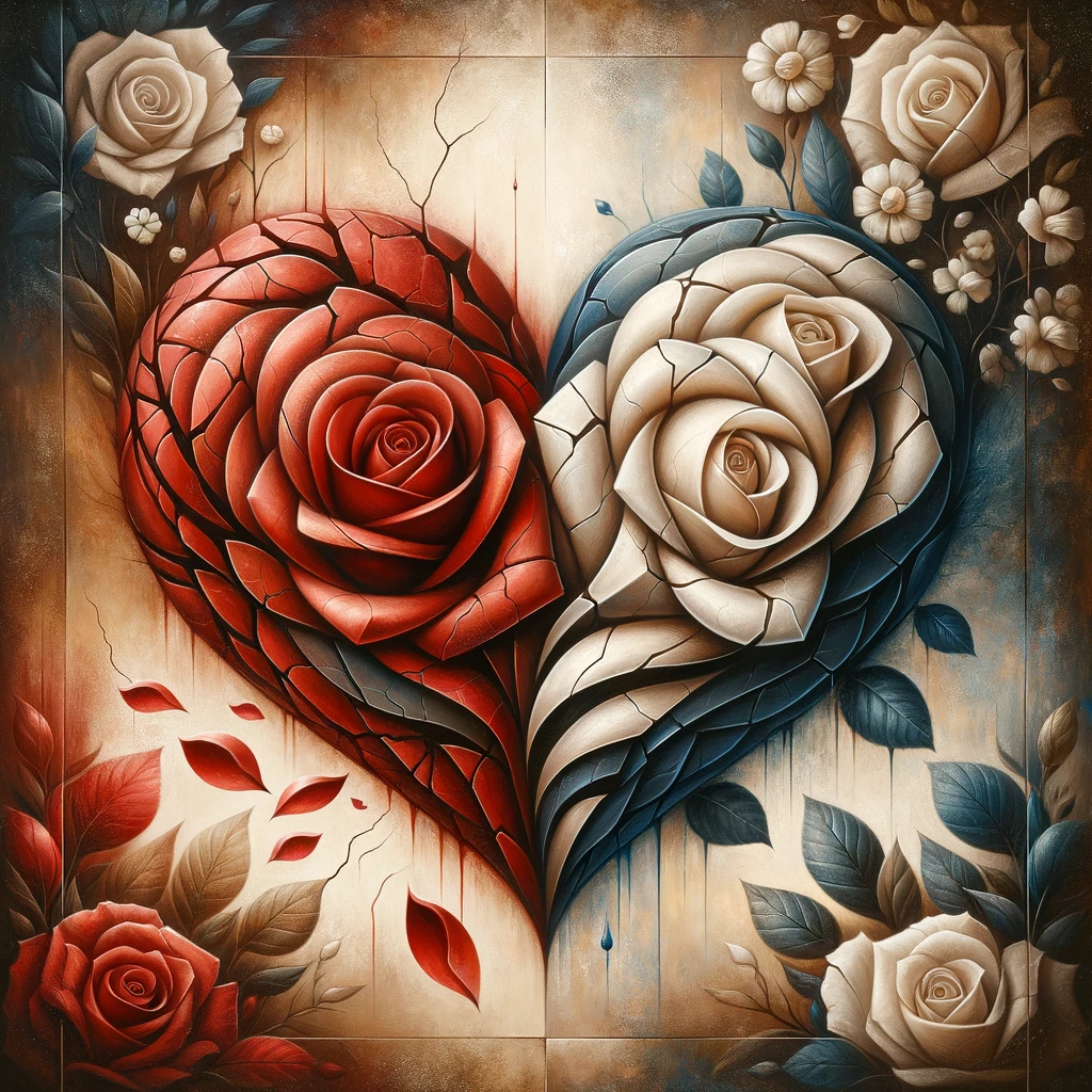 The images depict the intricate symbolism of love and pain through hearts, roses, and tears, using rich colors and textures to convey the depth of these universal emotions.