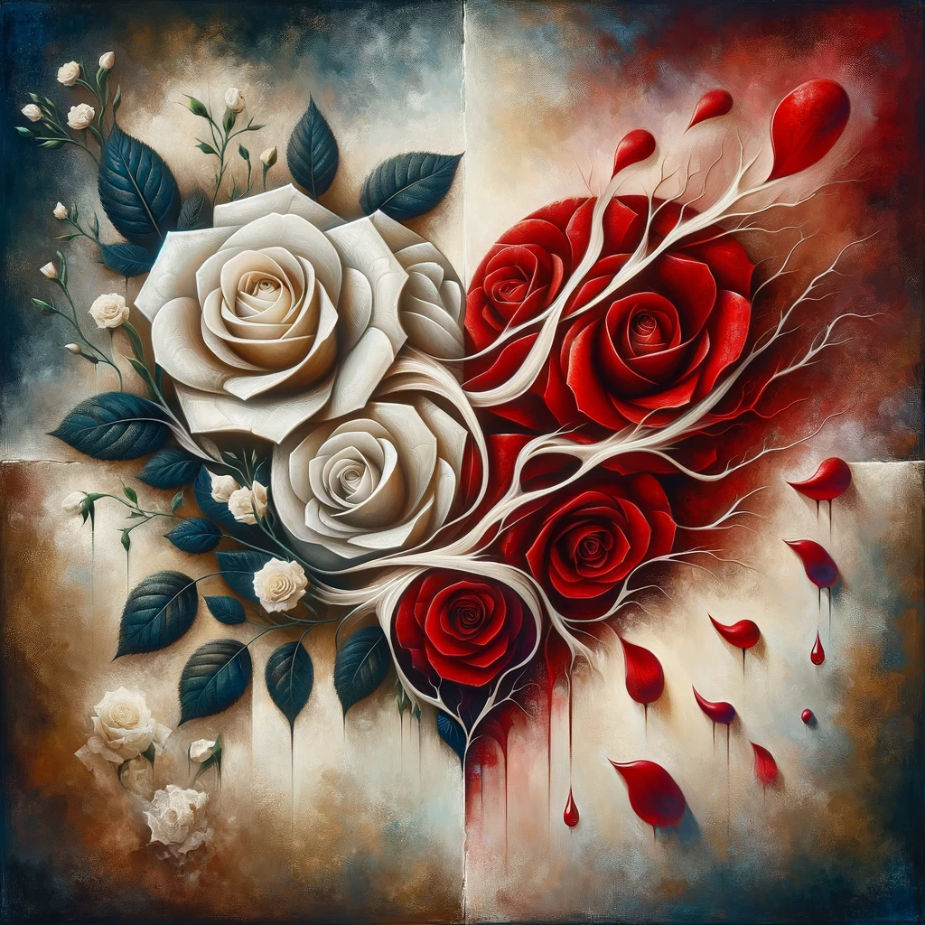 The images depict the intricate symbolism of love and pain through hearts, roses, and tears, using rich colors and textures to convey the depth of these universal emotions.