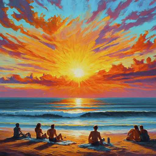 Sunset Beach Painting. Some Couples sitting and enjoy