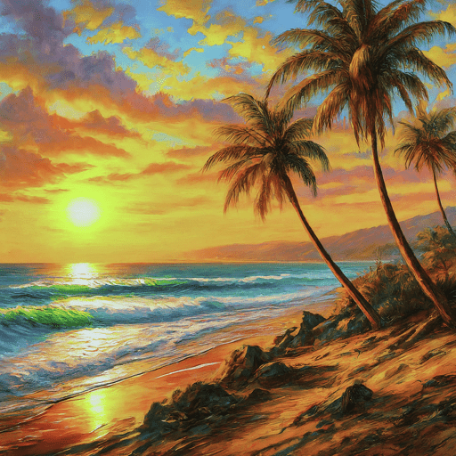 A beautiful Beach painting with coconut trees. its one of Best in beach paintings collection. 