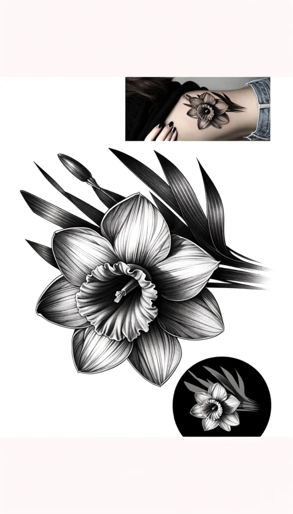 Here are the black and grey daffodil tattoo designs, created with a monochromatic palette to give a timeless feel, emphasizing shading and texture. These designs capture the essence of the daffodil through intricate details, showcasing elegance and sophistication. They appeal to those who appreciate the subtlety of monochrome art and the symbolism of rebirth, new beginnings, and resilience.