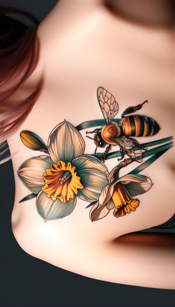 Here are the designs featuring a daffodil and a bee, symbolizing hard work, teamwork, and the sweetness of life. These tattoos creatively integrate the bee with the daffodil, reflecting the harmony of nature, the diligence of the bee, and the beauty of the daffodil. The designs showcase a balance and symbiosis between the two, highlighting their significance.