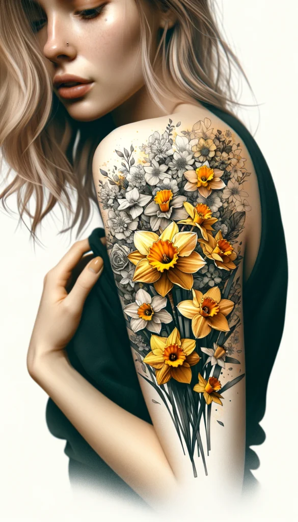 Here are the design of a daffodil bouquet tattoo on the hand or shoulder of a girl, combining daffodils with other meaningful March elements or flowers. These tattoos represent the complexity and richness of one's personality, beautifully integrating with the skin to symbolize the connection between nature, personal identity, and the themes of rebirth, new beginnings, and resilience.