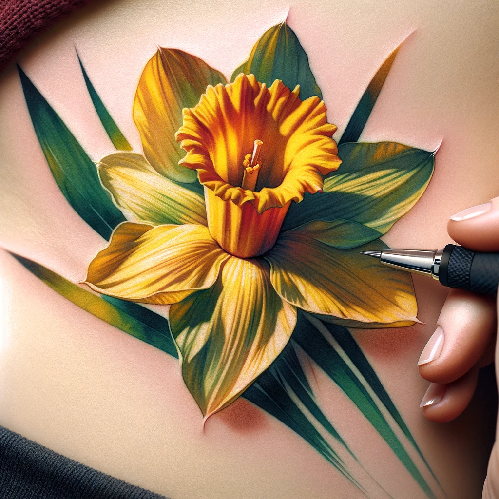 Here are the watercolor daffodil tattoo designs, embodying the vibrant yellows and greens of the flower with a soft, flowing effect that captures its lively essence. These designs use color to beautifully convey the symbolism of rebirth, new beginnings, and resilience, appealing to those who love the dynamic and natural aesthetics of watercolor.